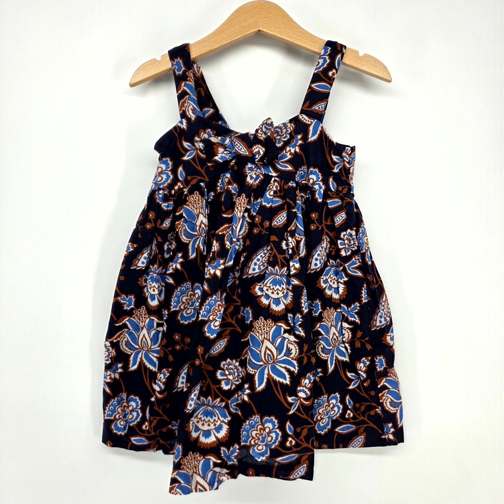Janie and Jack Floral Dress Girls 3 Navy Blue Sleeveless Bow Back Button Boho